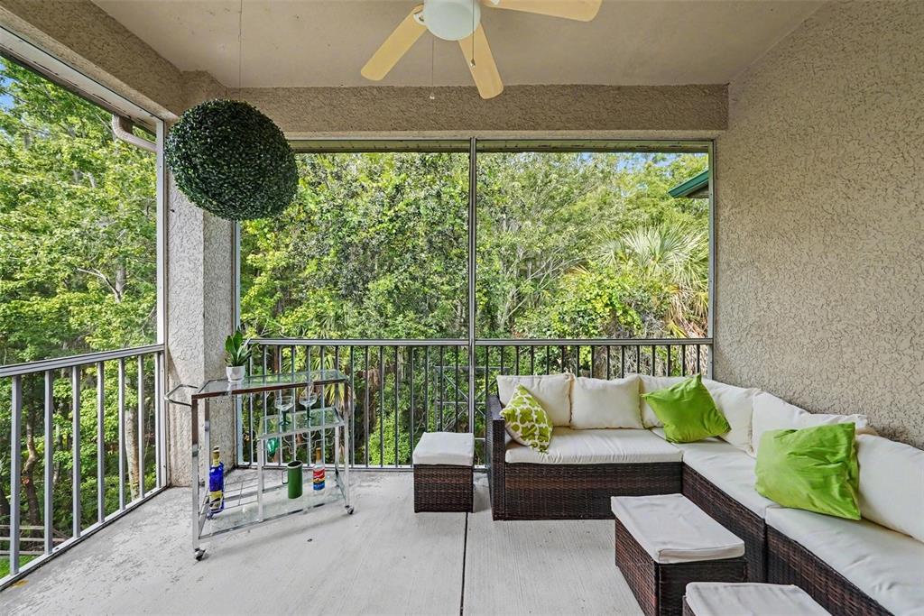 A screened-in porch features wicker sectional seating, a glass bar cart, and a ceiling fan — 17108 CARRINGTON PARK DR UNIT 722, TAMPA, FL