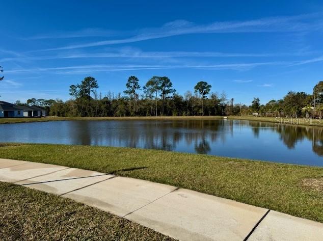 A concrete sidewalk borders a grassy lawn overlooking a pond with a treeline in the background — 8074 TIMBERWOOD LANE, ORLANDO, FL