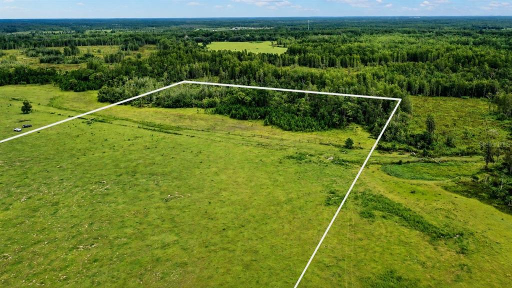An aerial view shows a large, open grassy field bordered by a dense forest — OLD POLK CITY ROAD, POLK CITY, FL