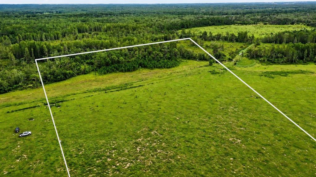 An aerial view shows a large, grassy, rectangular plot of land bordered by dense forest — OLD POLK CITY ROAD, POLK CITY, FL