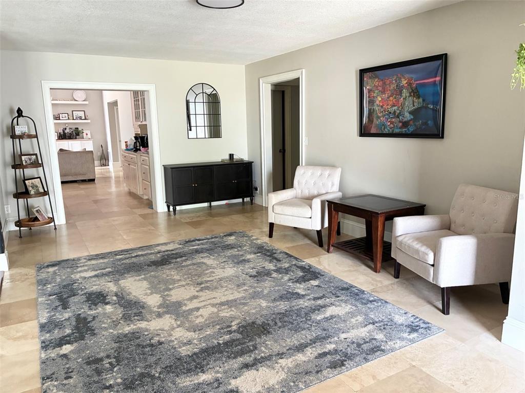 A living room features a large gray area rug, two beige chairs, and a black console — 12305 LEANNE DRIVE, DADE CITY, FL