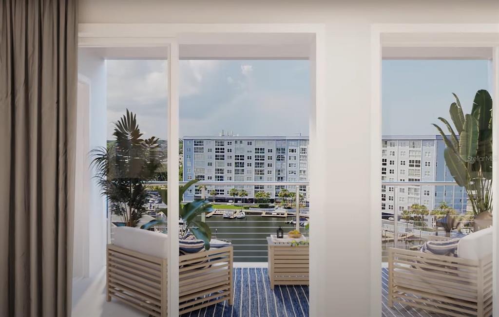 This rendering shows a balcony with outdoor furniture overlooking a marina and a large building — 5015 US HIGHWAY 19 UNIT 307, NEW PORT RICHEY, FL