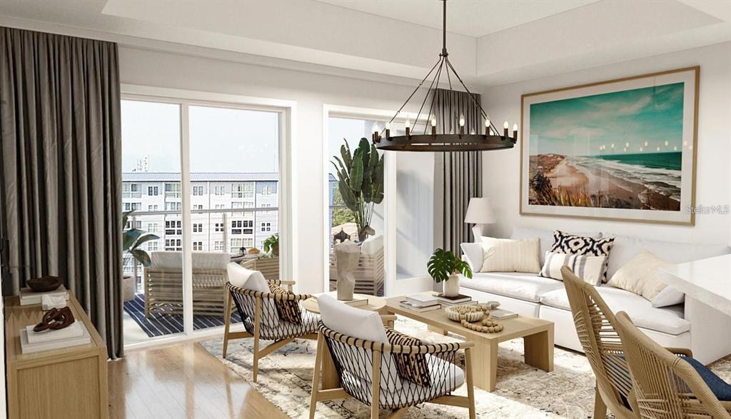 This is a rendering of a modern living room with a chandelier and balcony access — 5015 US HIGHWAY 19 UNIT 307, NEW PORT RICHEY, FL