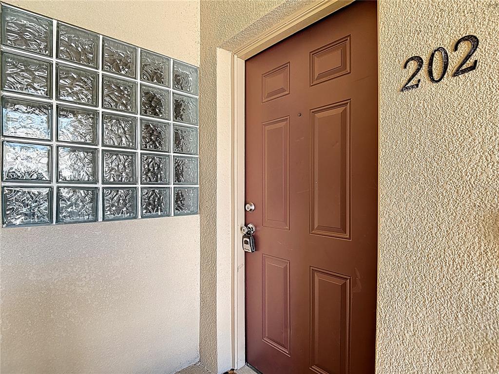 A brown door with a lockbox and glass block window sits beside the number 202 — 6446 CYPRESSDALE DRIVE UNIT 202, RIVERVIEW, FL
