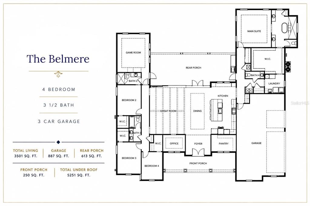 This is a floor plan for a four-bedroom, three-and-a-half-bath home called The Belmere — 16424 LAKESHORE DRIVE, MINNEOLA, FL