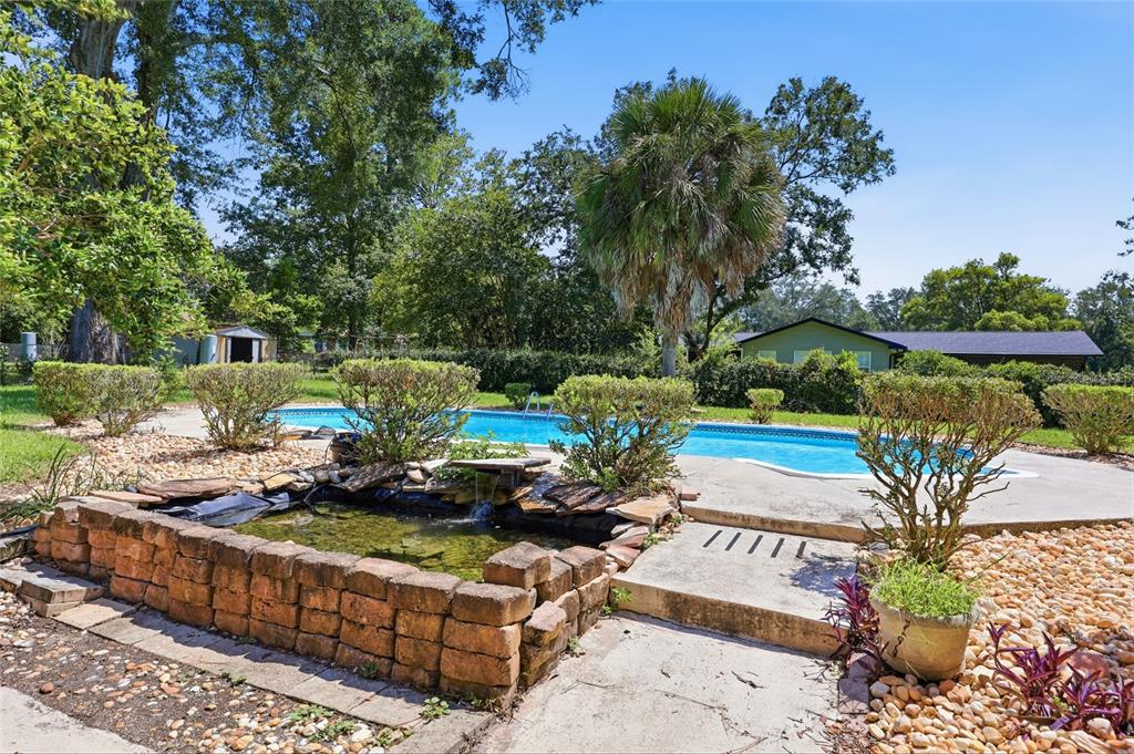 A backyard features a swimming pool, a stone-walled pond, and a palm tree — 167 SW THURMAN TERRACE, LAKE CITY, FL