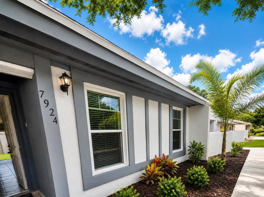 The exterior of a house features white stucco walls, grey trim, and a small palm tree — 7924 GUARDSMEN STREET, ORLANDO, FL