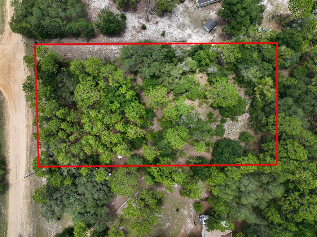 An aerial view shows a rectangular, wooded plot of land outlined in red — 5630 LASSEN STREET, KEYSTONE HEIGHTS, FL