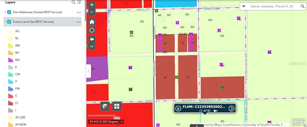 This is a digital map showing future land use zoning classifications for a specific area — 7820 TWITTY ROAD, SEBRING, FL