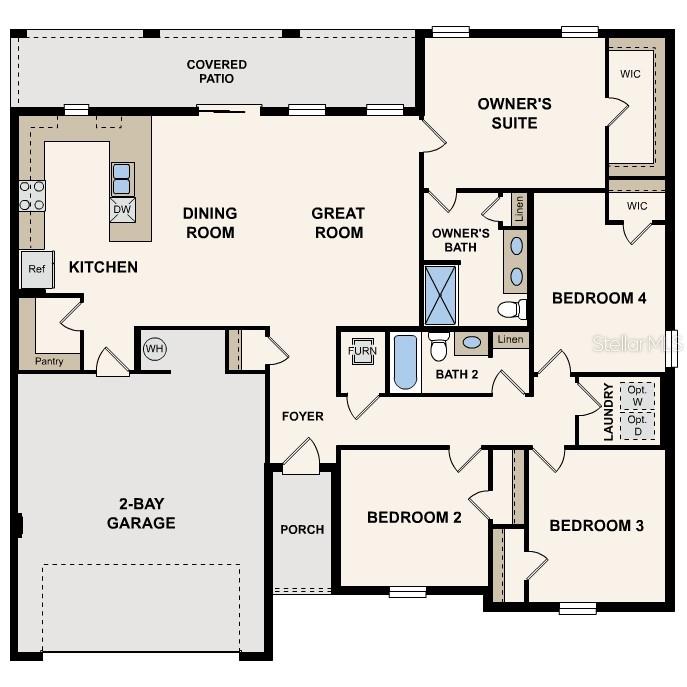 This floor plan shows a four-bedroom, two-bathroom home with a two-bay garage and covered patio — 2081 SW 178TH STREET ROAD, OCALA, FL