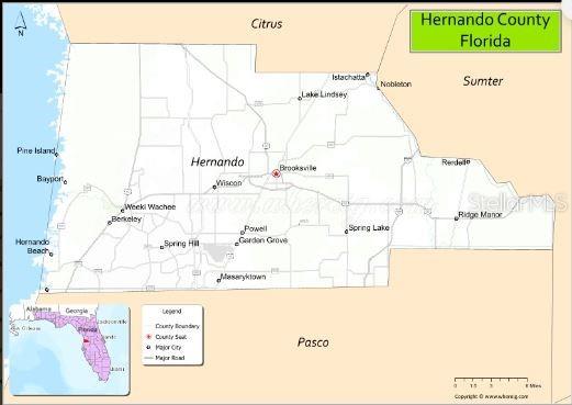 This is a map of Hernando County, Florida, showing major cities, roads, and county boundaries — 4842 MERLIN CIR CIRCLE, DADE CITY, FL