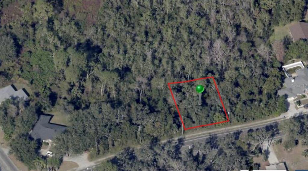 An aerial view shows a rectangular, wooded vacant lot outlined in red along a road — 1768 E NORMANDY BOULEVARD, DELTONA, FL