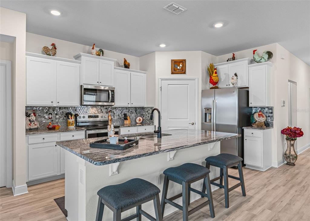 A kitchen features white cabinets, a granite-topped island with bar stools, and rooster-themed decor — 5209 NW 46TH LANE RD, OCALA, FL