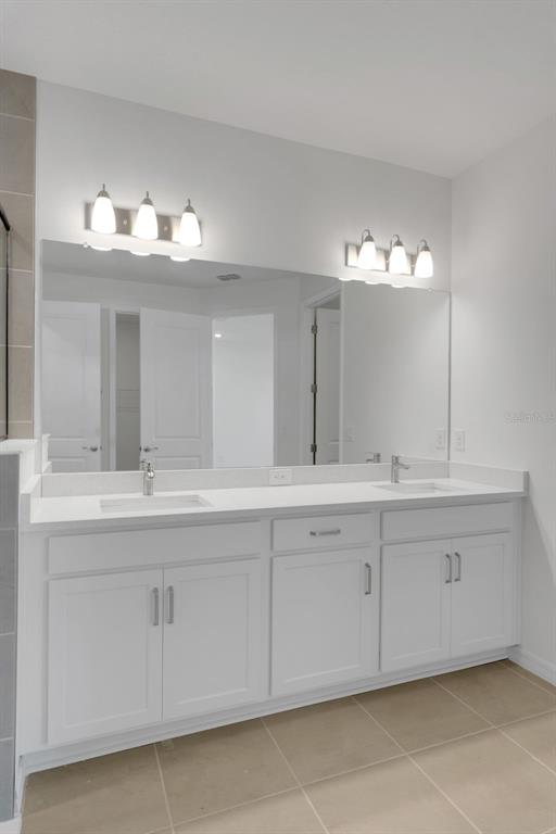 A bathroom features a double vanity with white cabinets, quartz countertops, and two light fixtures — 16935 SQUIRREL BRANCH LANE, ALVA, FL