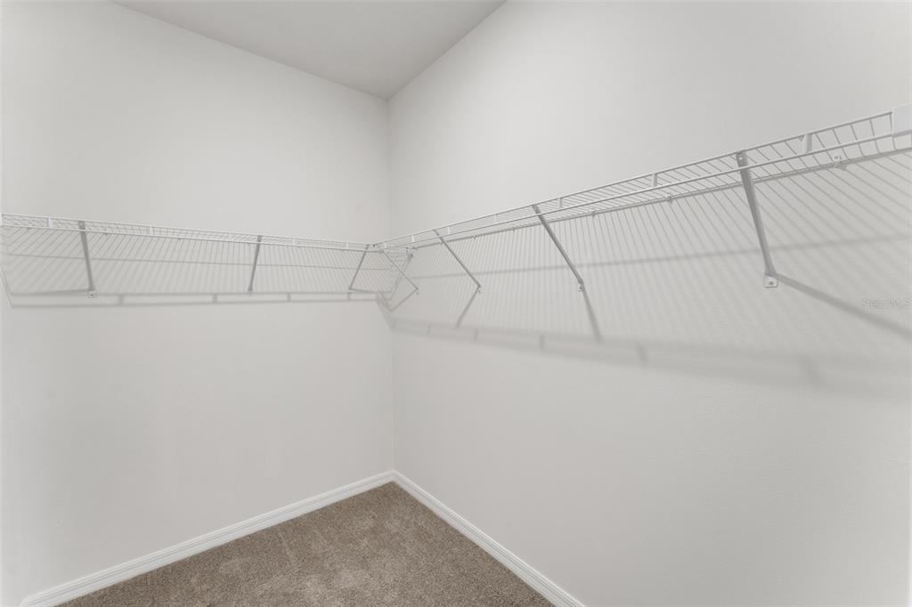 A walk-in closet with white wire shelving and beige carpeted flooring — 16935 SQUIRREL BRANCH LANE, ALVA, FL