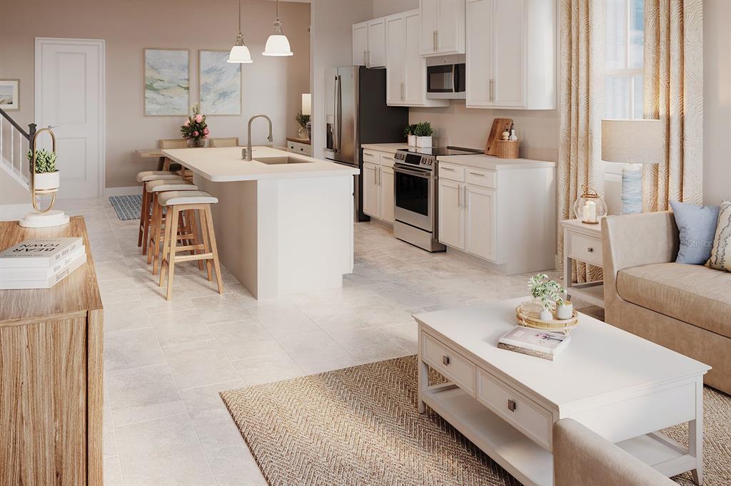 This rendering shows an open-concept kitchen and living area with white cabinets and tile flooring — 3573 MOCKING BIRD DRIVE, AUBURNDALE, FL
