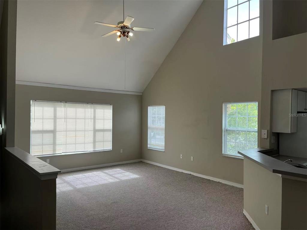 An empty living room with vaulted ceilings, beige carpet, and multiple windows — 10452 WHITE LAKE COURT UNIT 10452, TAMPA, FL