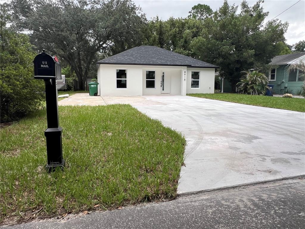 A white, single-story house with a dark roof and a concrete driveway sits behind a mailbox — 8915 N WILLOW AVENUE, TAMPA, FL