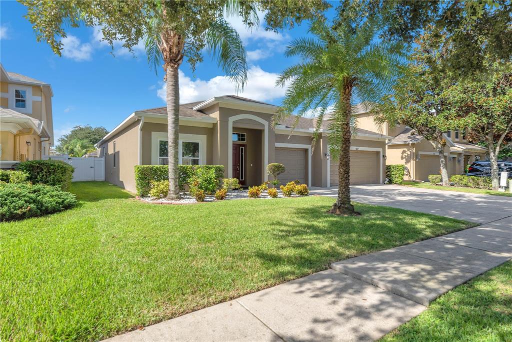 A single-story house with a tan exterior, two-car garage, and a front yard with palms — 1407 RUSHGROVE CIRCLE, DOVER, FL