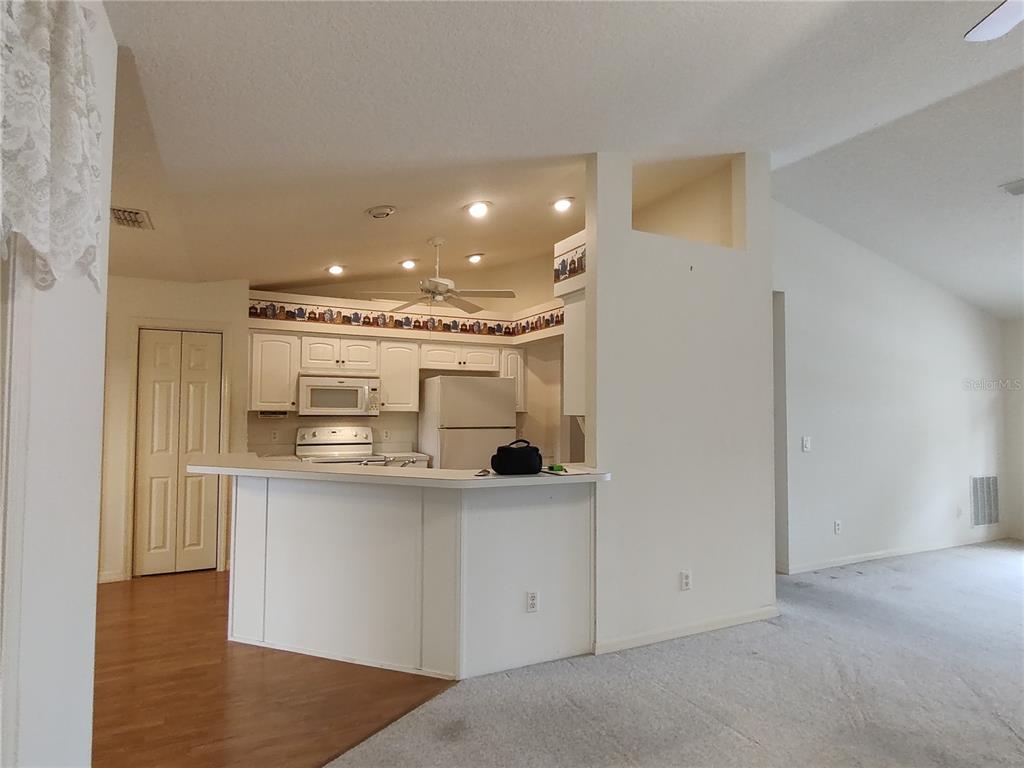 A kitchen with white cabinets and a breakfast bar overlooks a carpeted living area — 3716 E COVE PARK TRAIL, HERNANDO, FL