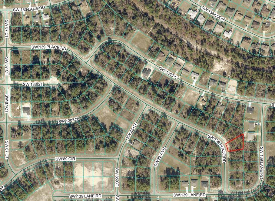 This is an aerial map showing a residential lot highlighted in red — SW 139 PL RD, OCALA, FL