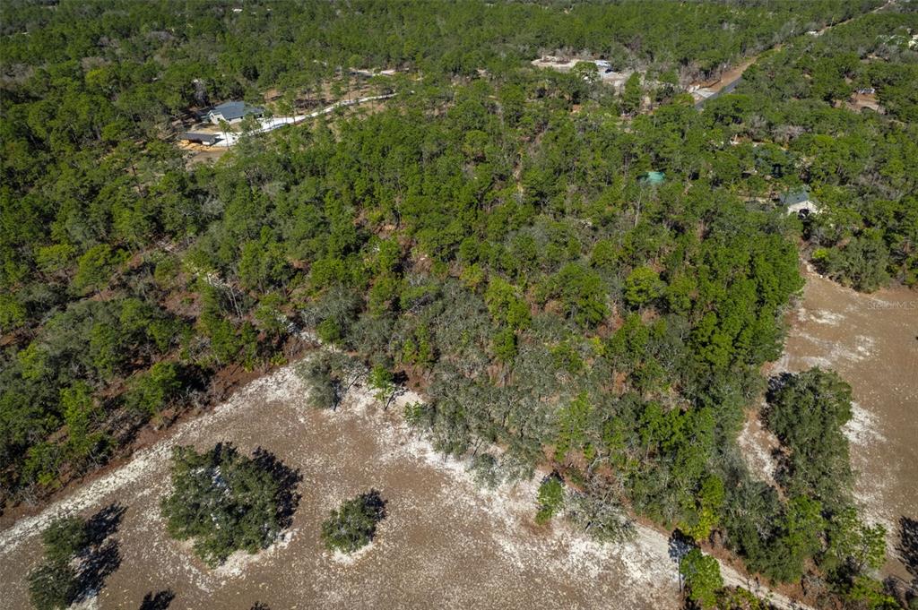 An aerial view shows a wooded lot with a cleared sandy area in the foreground — 4976 W YEARLING DRIVE, BEVERLY HILLS, FL
