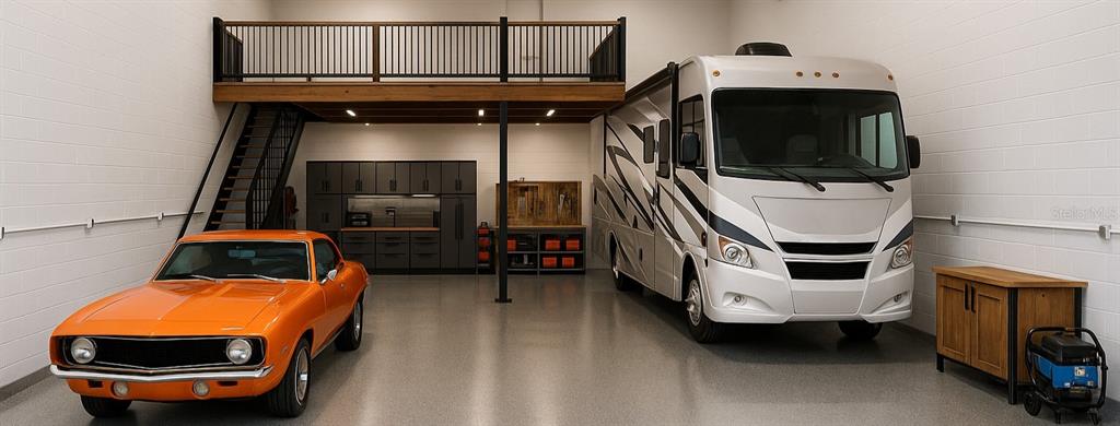 A spacious garage features a loft, an orange classic car, and a large recreational vehicle — 5225 TAYLOR ROAD UNIT A9, PUNTA GORDA, FL