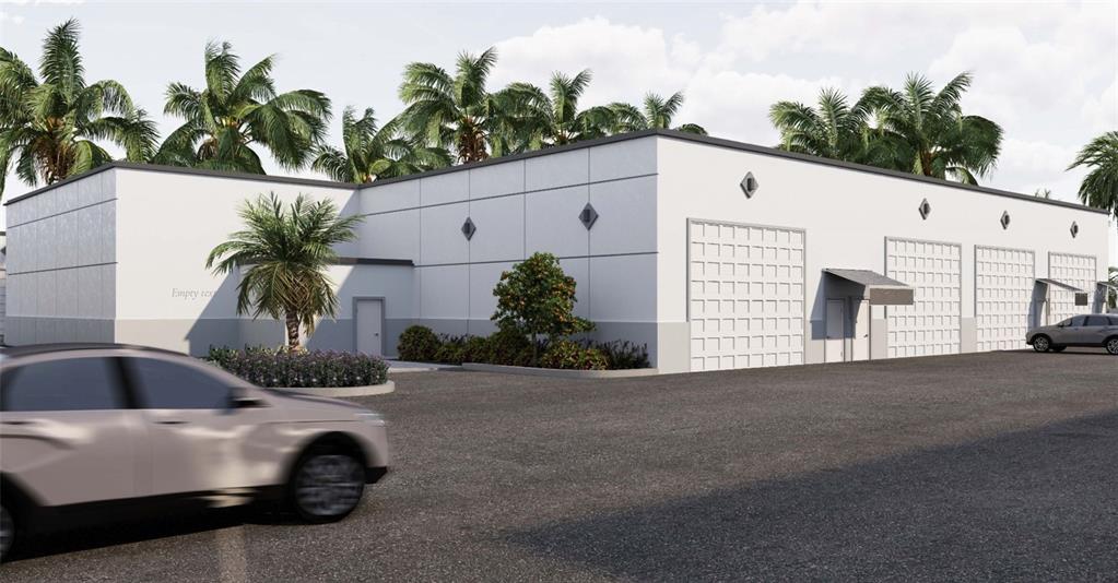 A digital rendering shows the exterior of a modern, single-story commercial building with garage doors — 5225 TAYLOR ROAD UNIT A9, PUNTA GORDA, FL