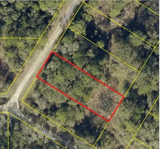 An aerial map view shows a rectangular plot of land outlined in red near two roads — 0 BEDSTONE DRIVE, WEBSTER, FL