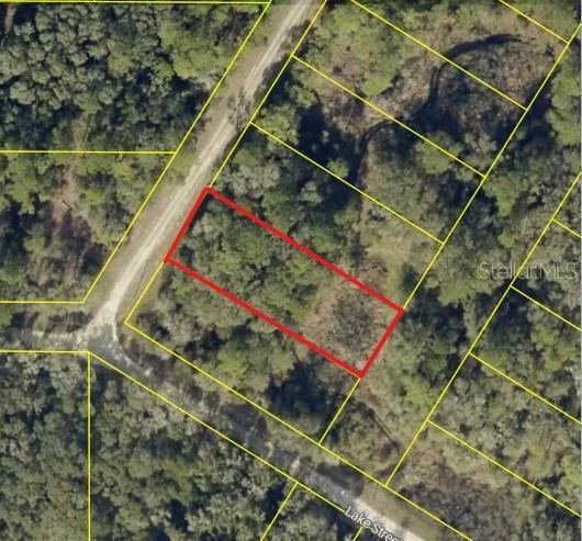 This is an aerial map showing a vacant, wooded lot outlined in red — 0 BEDSTONE DRIVE, WEBSTER, FL