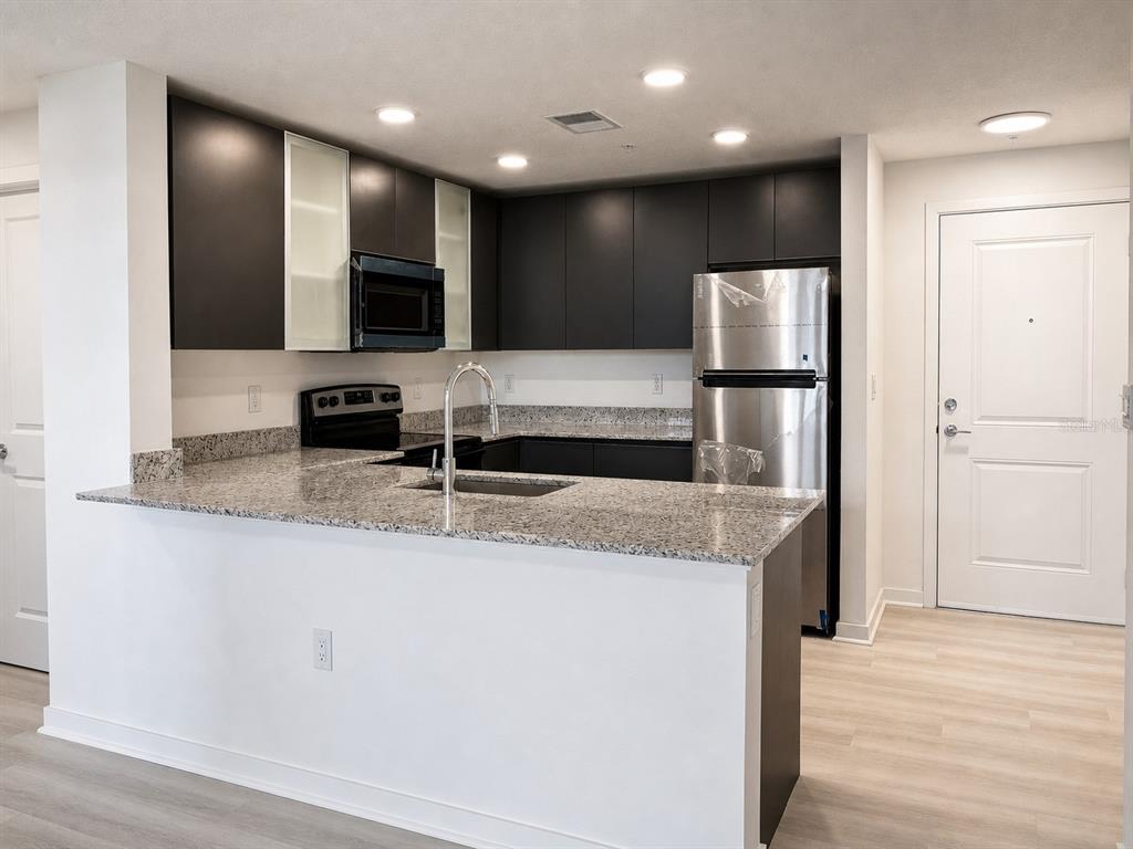A kitchen with dark cabinets, granite countertops, and stainless steel appliances overlooks a living area — 5563 MILLENIA PARK BOULEVARD UNIT 322, ORLANDO, FL