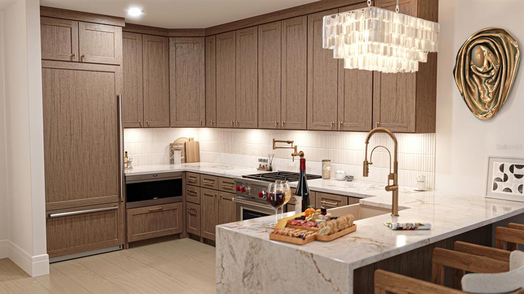 This rendering shows a modern kitchen with wood cabinets, marble countertops, and a gold faucet — 2360 OCEAN SHORE BOULEVARD UNIT 203, ORMOND BEACH, FL