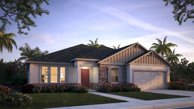 This is a digital rendering of a single-story house with a stone facade and garage — 11 SANDERS CIRCLE, HOMOSASSA, FL