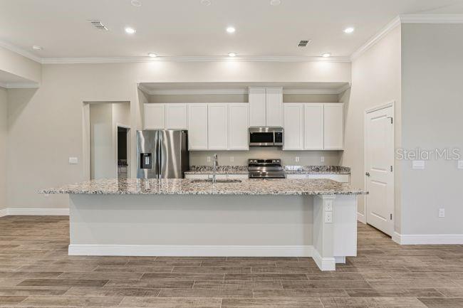 A kitchen features white cabinets, granite countertops, stainless steel appliances, and wood-look tile flooring — 11 SANDERS CIRCLE, HOMOSASSA, FL