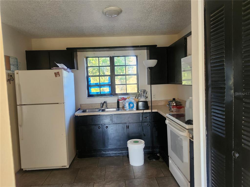 A kitchen features black cabinets, a white refrigerator, a white stove, and a window — 46 PALM ROAD, OCALA, FL