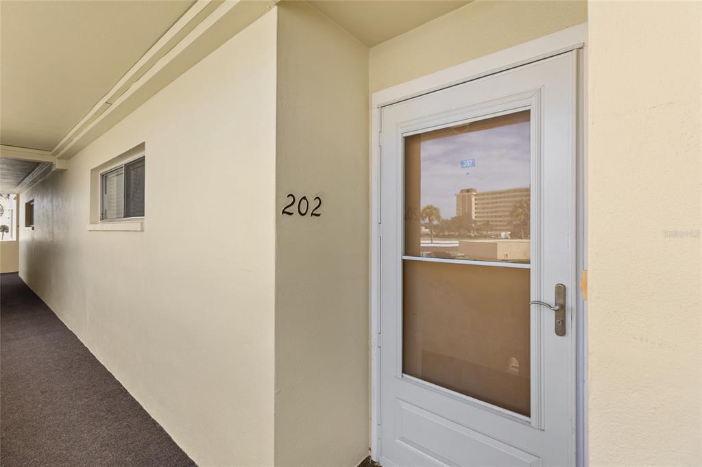 A white door with a glass storm door is labeled 202 on a beige hallway wall — 4775 COVE CIRCLE UNIT 202, ST PETERSBURG, FL