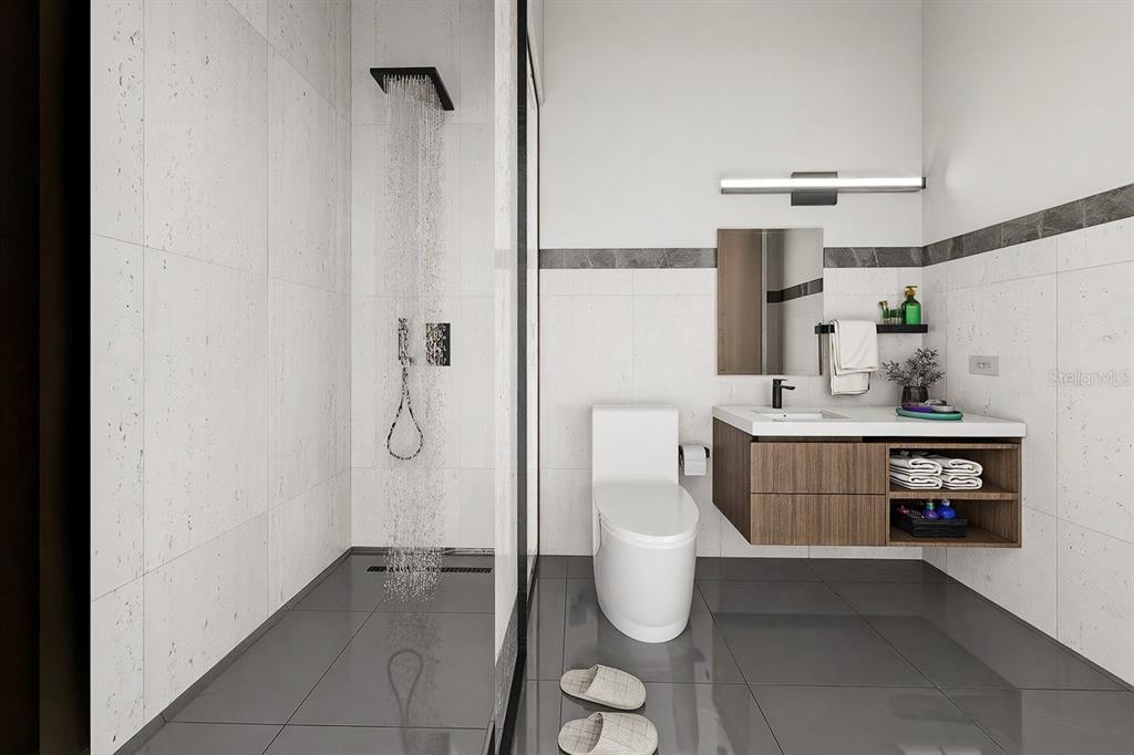 This is a rendering of a modern bathroom with a walk-in shower and floating vanity — 10775 RODEO DRIVE UNIT tbd, LAKEWOOD RANCH, FL