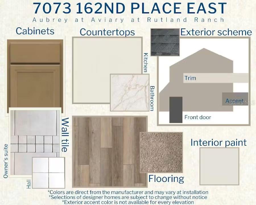 This design board displays samples of cabinets, countertops, wall tile, flooring, paint, and exterior finishes — 7073 162ND PLACE E, PARRISH, FL