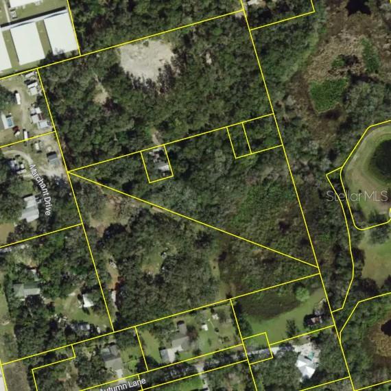 This is an aerial map showing property boundary lines overlaid on a wooded residential area — 8120 MARCHANT DRIVE, NEW PORT RICHEY, FL