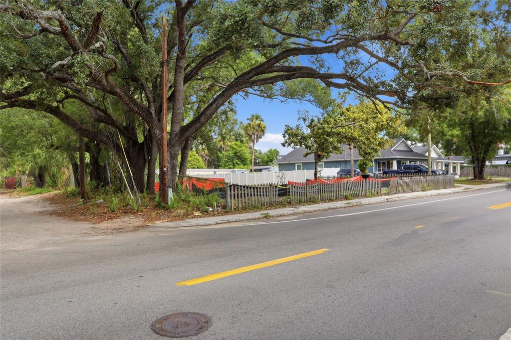 A vacant lot with large trees and orange construction fencing sits beside a paved road — 6201 E KING STREET, TAMPA, FL