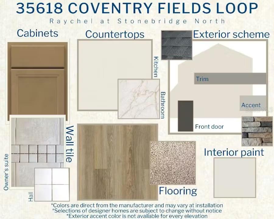 This design board displays material and color samples for home cabinetry, countertops, flooring, and exterior — 35618 COVENTRY FIELDS LOOP, ZEPHYRHILLS, FL