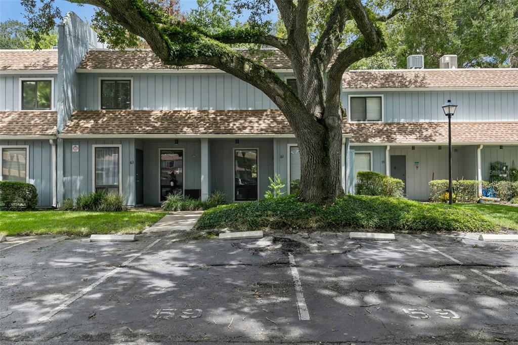 A row of light blue townhouses features a large tree in front of paved parking spaces — 70 MOREE LOOP UNIT 61, WINTER SPRINGS, FL