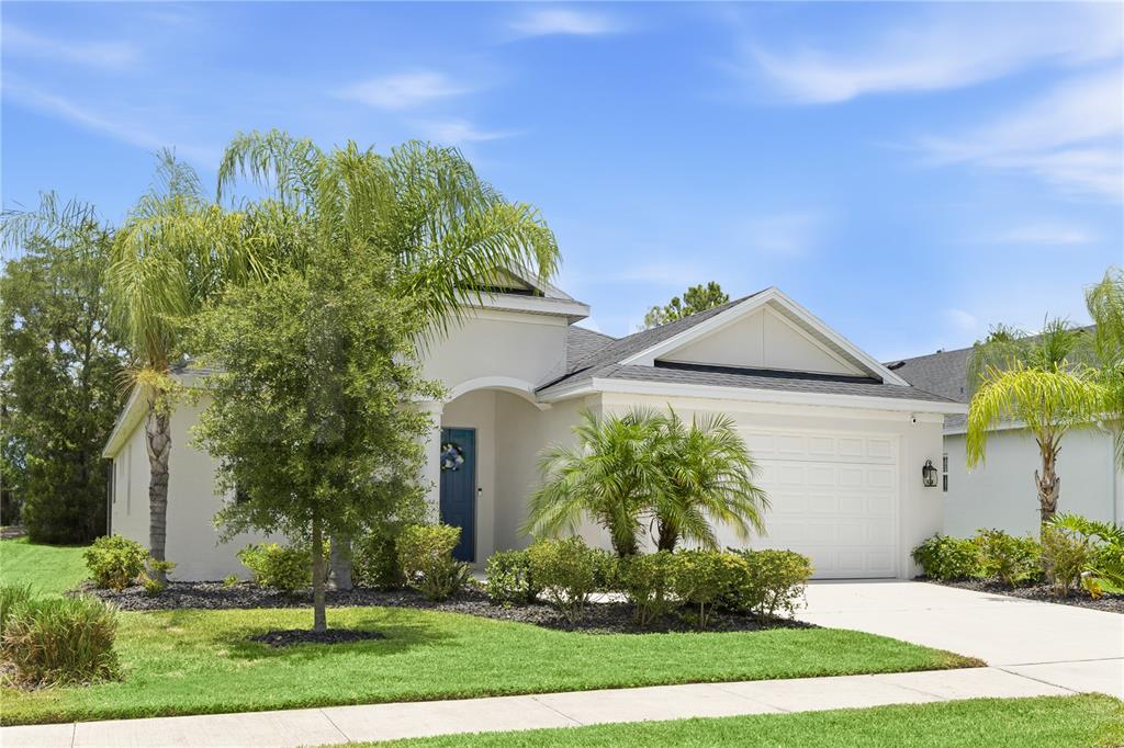 A single-story house with a white stucco exterior, a blue front door, and palm trees — 12731 RAINWASHED LOOP, PARRISH, FL