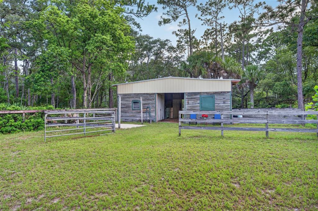 A wooden barn with a metal roof stands in a grassy yard with fenced enclosures — 2968 S TANNER ROAD, ORLANDO, FL