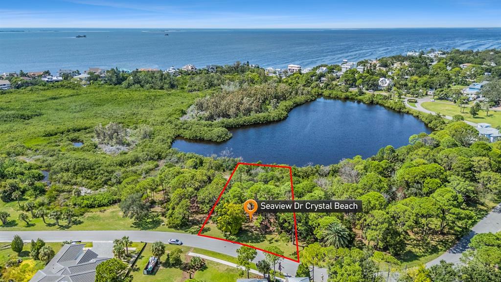 An aerial view shows a vacant, wooded lot outlined in red near a lake — SEAVIEW DRIVE, CRYSTAL BEACH, FL