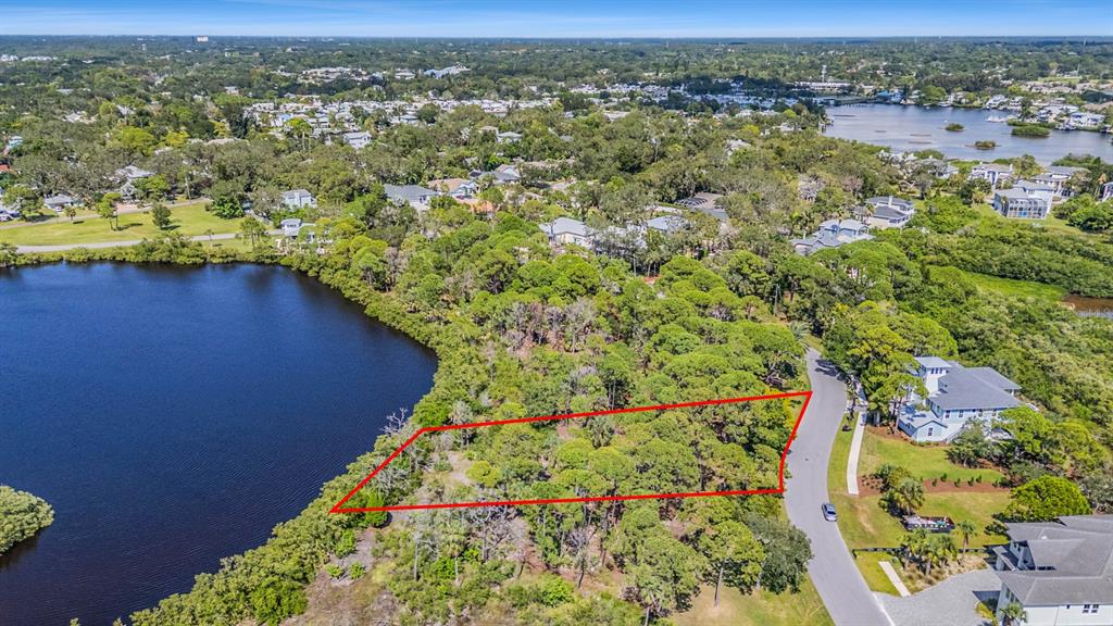 An aerial view shows a wooded, undeveloped lot outlined in red next to a lake — SEAVIEW DRIVE, CRYSTAL BEACH, FL