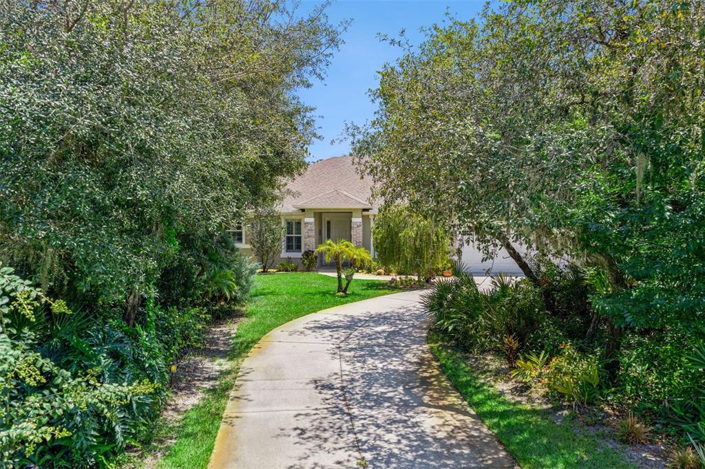 A concrete driveway leads to the front entrance of a single-story house surrounded by trees — 11540 NELLIE OAKS BEND, CLERMONT, FL