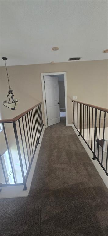 A carpeted hallway with black metal railings overlooks a lower level leading to a doorway — 1142 ODAY DRIVE, WINTER SPRINGS, FL