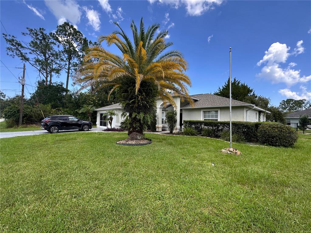 A single-story house with a large palm tree in the front yard and a parked car — 6 WHITE HOUSE DRIVE, PALM COAST, FL