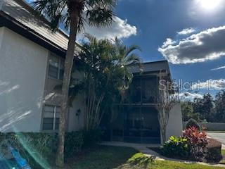 The exterior of a two-story residential building features a screened-in patio and palm trees — 92 WINDTREE LANE UNIT 201, WINTER GARDEN, FL